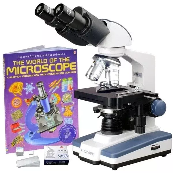 AmScope B120A-WM-50P100S-E1 B120 Series Binocular Compound Microscope 40X-1600X Magnification with LED, Siedentopf Head, 50 Blank Slides, Book and 1MP Digital Camera