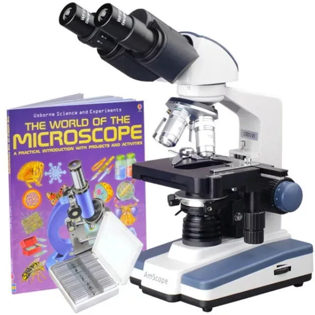 AmScope B120A-WM-PS25-E1 B120 Series Binocular Compound Microscope 40X-1600X Magnification with LED, Siedentopf Head, 25 Prepared Slides, Book and 1MP Digital Camera