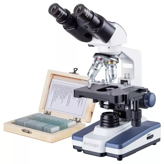 AmScope B120B-PS25-E2 B120 Series Binocular Compound Microscope 40X-2000X Magnification with LED, Siedentopf Head, 25 Prepared Slides and 2MP Digital Camera
