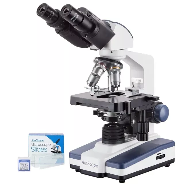 AmScope B120C-50P100S-E3 B120 Series Binocular Compound Microscope 40X-2500X Magnification with LED, Siedentopf Head, 50 Blank Slides and 3MP Digital Camera