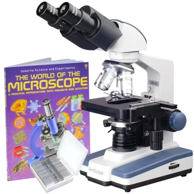 AmScope B120C-WM-PS25-E1 B120 Series Binocular Compound Microscope 40X-2500X Magnification with LED, Siedentopf Head, 25 Prepared Slides, Book and 1MP Digital Camera