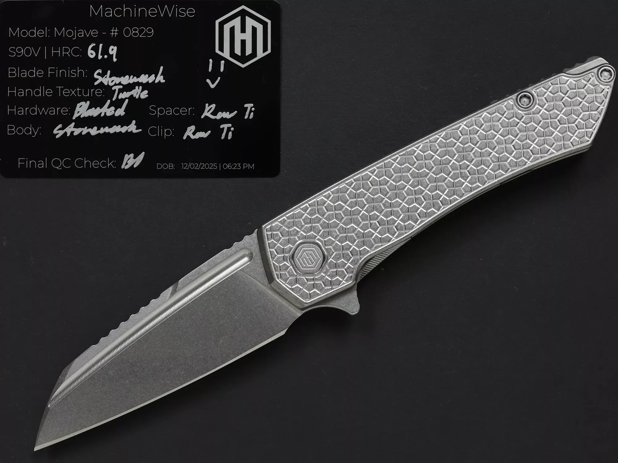 MachineWise – Mojave #829 – 3.45" S90V Framelock Turtle Textured Titanium Folding Knife